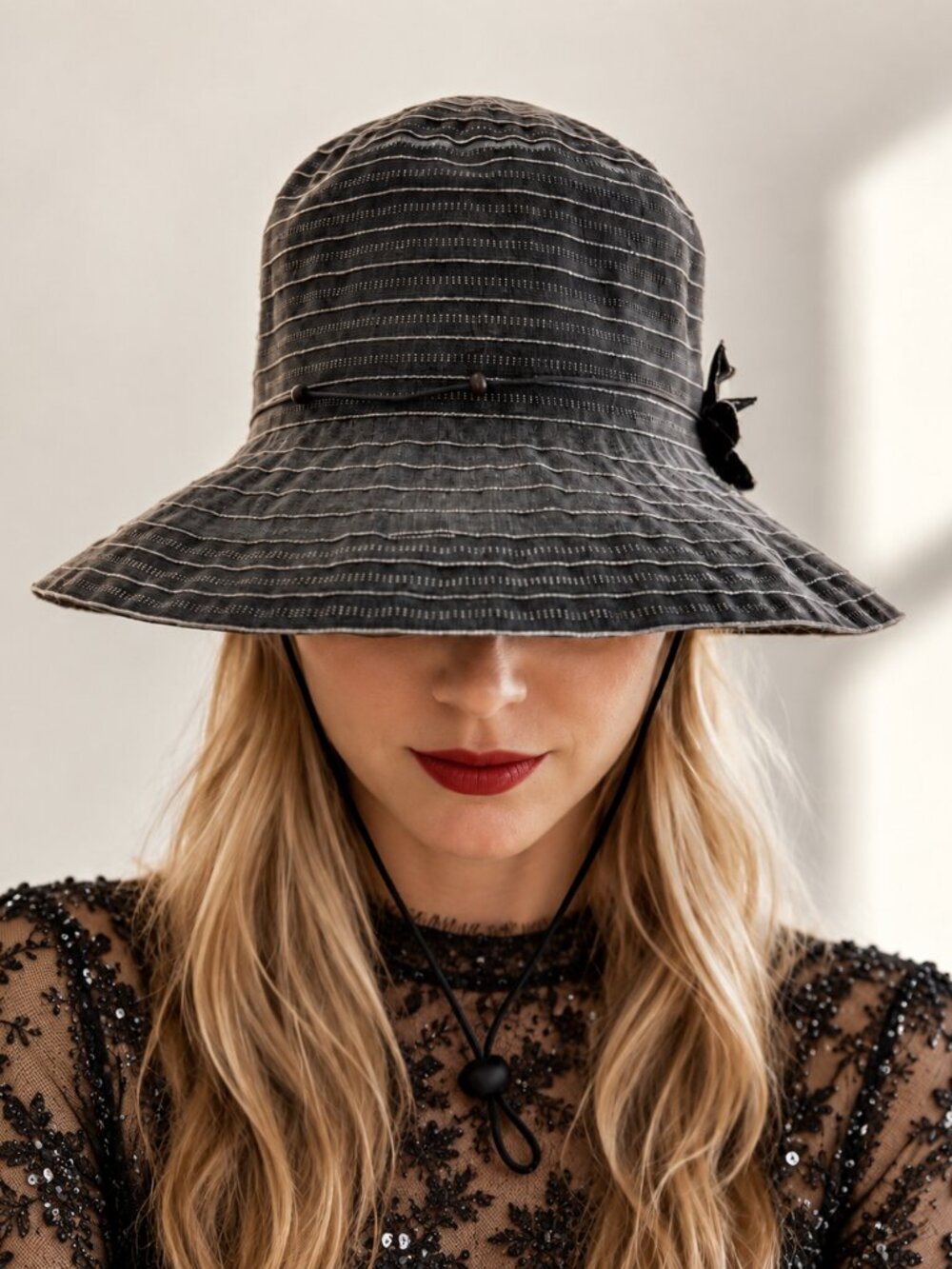 Parkhurst Grey Striped Wide Brim Sun Hat Chin Strap Beach Coastal Resort